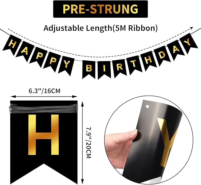 Happy Birthday Banner,Pre-Strung Black and Gold Party Decorations，16ft Pre-Strung Hanging Sign for Kids, Girls, Boys, Women – No DIY, Backdrop Supplies
