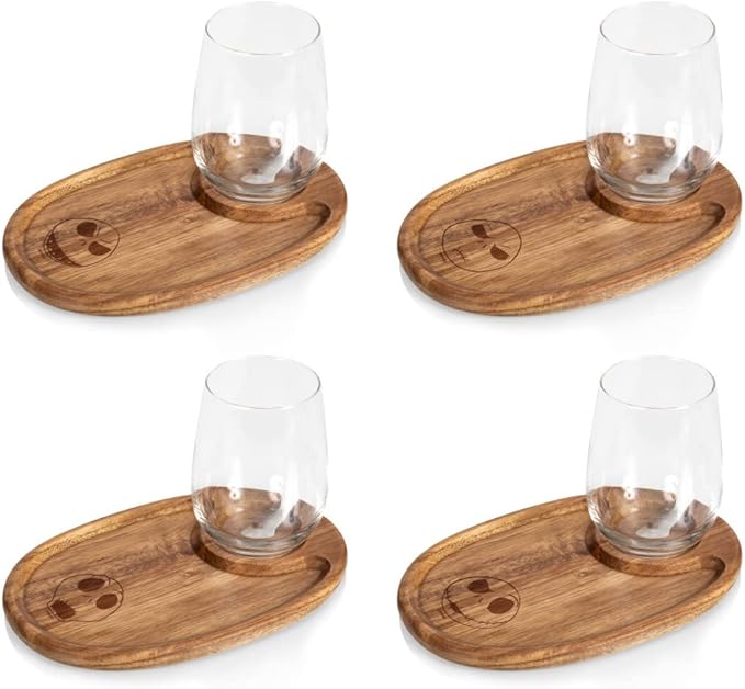 PICNIC TIME Disney Nightmare Before Christmas Jack Skellington Wine Appetizer Plate Set of 4 with Glass Holder, Acacia Wood Cocktail Plates for Cheese Charcuterie and Entertaining, (Acacia Wood)