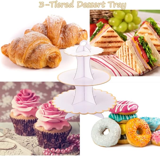 MRPAPA White Tiered Cupcake Stand 2 Pack, 3 Tier Serving Tray for Party Decor, Cup Cake Tower Holder for 24 Cupcakes, Dessert Holder for for Birthday Graduation Baby Shower Tea Party (White)