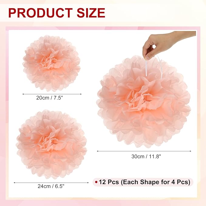 PATIKIL 8" 10" 12" Tissue Paper Pom Poms, 12PCS Pom Poms Paper Flowers Ball Tissue Paper Flowers Assorted Size for Wedding Bridal Shower Birthday Party Backdrop Decoration, Light Orange