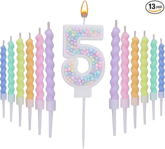 Number 5 Birthday Candles for Cake with 16 Pieces Spiral Candles with Macaron Pastel Rainbow Pink Cake Toppers for Girls Happy Birthday Party Decorations