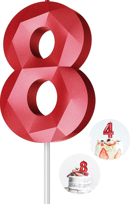 Number Birthday Candles(8 Candle Red) 3D Diamond Shape Number Happy Birthday Cake Candles for Birthday Party Wedding Decoration Reunions Theme Party
