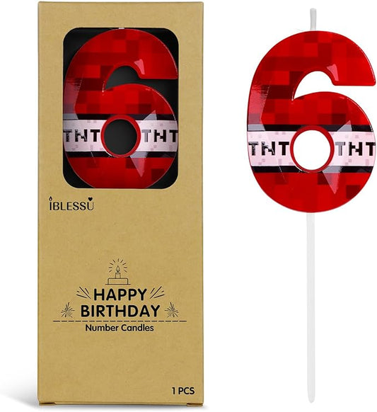Number 6 Red Pixel Birthday Candle, TNT Themed Birthday Candles for Cake, 2.71 Inch Green Miner Number Candles, Game Themed Candle Birthday Decoration, Red Birthday Cake Topper for Boys Girls Party