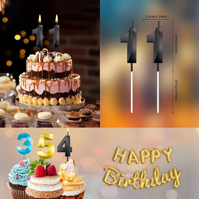 11st Birthday Number Candles (11 Black) - 2 Pack, Sparkling, Non-Toxic, Easy to Insert, Perfect for Boys & Girls Birthday Cakes & Cupcakes