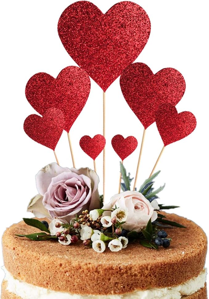 35 pcs Glitter Red Heart Cake Toppers Picks for Sweet Love Theme Wedding Engagement,Valentine's Day Bridal Shower Mother's Day Party Cake Decors (Red heart)