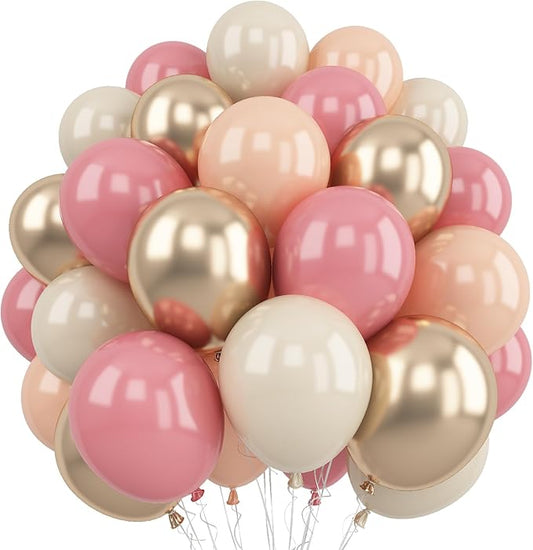 Retro Pink Balloons, 12 Inch Dusty Pink Metallic Gold White Balloons, Blush Beige Neutral Nude Chrome Champagne Gold Latex Balloon for Women Boho Birthday Wedding Baby Bridal Shower Party Mothers Day