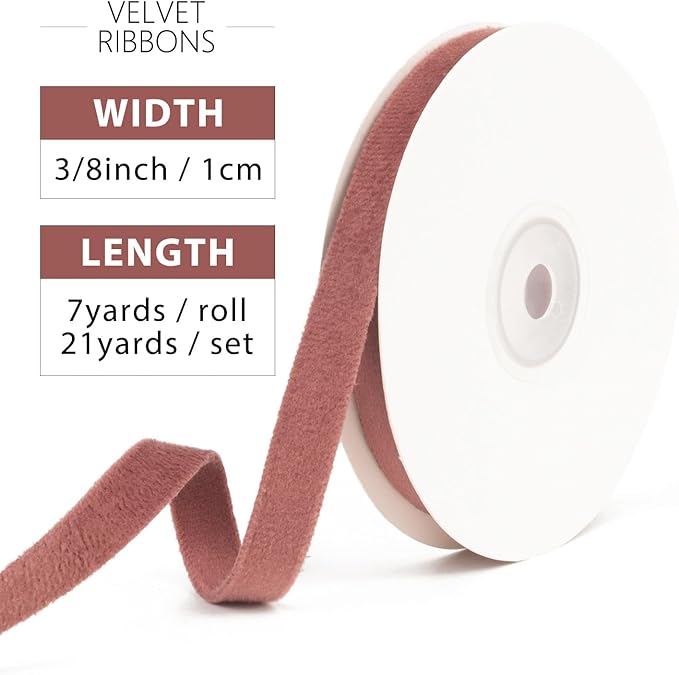 Rose Gold Velvet Ribbon - 3/8 Inch x 21 Yd Vintage Rosewood Velvet Ribbon for Christmas Tree Ornaments, Gift Wrapping, Wedding Decoration, Wreaths & Hair Bows