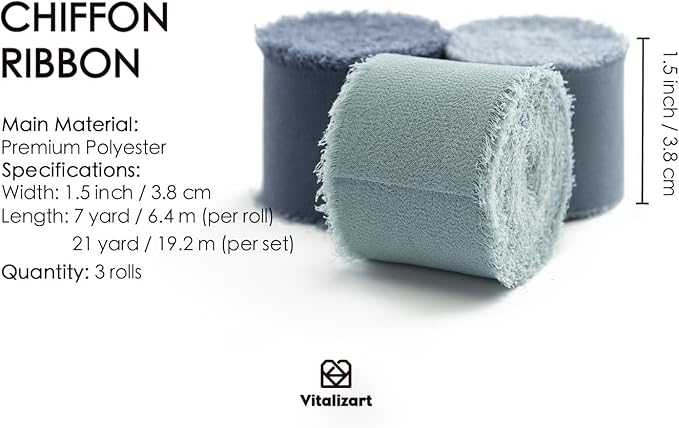 Vitalizart Dusty Blue Handmade Chiffon Silk Ribbon Fringe 1.5" x 21 Yd Frayed Edges Ribbons for Wedding Invitations Bridal Bouquets Gifts Wrapping Crafts Holiday Party Decorations