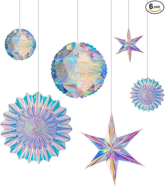 BTSD-home Iridescent Party Decorations, Hanging Honeycomb Balls, Paper Fans & 3D Star Ornaments, Holographic Ceiling Decor for Birthday, Wedding, Baby Shower, Christmas, Disco & Euphoria Theme Parties