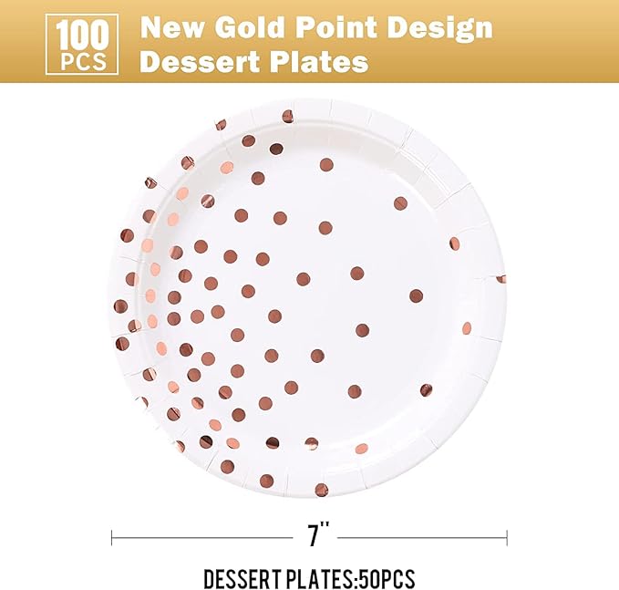 Rose Gold Paper Plates 100PCS,White and Rose Gold Dots Party Paper Plates,Disposable Dessert Plate Great for Birthday,Wedding,Bridal Showers,Cocktail Party,Anniversaries(7inch)