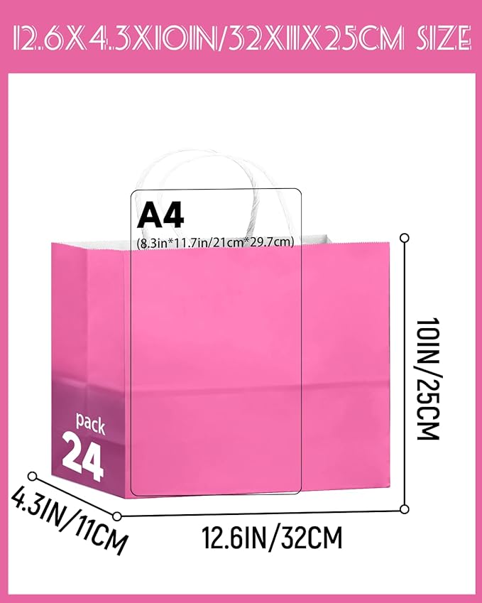qiqee 24PCS Large Gift Bag with Handles Bulk 13"x4.5"x10" Gift Bags Pink Bags Multiple Uses (32x11x25cm,Wide Large)
