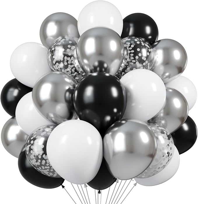 Black and Silver Balloons, 60pcs 12 Inches Black White Silver Confetti Balloons with 1 Ribbon for Birthday, Baby Shower, Wedding, and Silver Theme Party Decoration