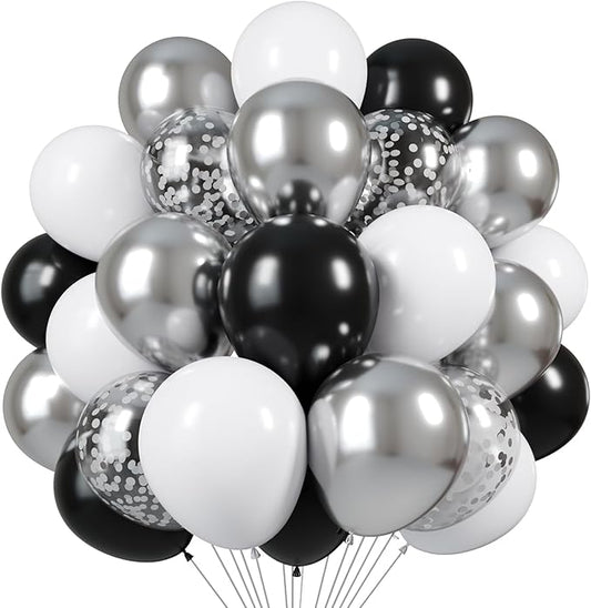 Black and Silver Balloons, 60pcs 12 Inches Black White Silver Confetti Balloons with 1 Ribbon for Birthday, Baby Shower, Wedding, and Silver Theme Party Decoration