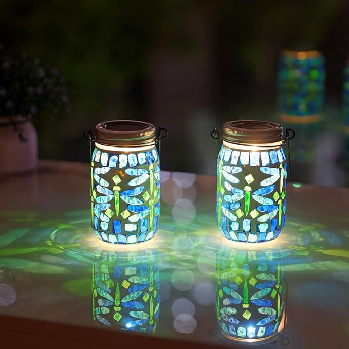 Starsoul 2 Pack Solar Hanging Lanterns Outdoor Waterproof, Mosaic Dragonfly Decor Glass Solar Outdoor Lights, Decorative Solar Lantern for Outside Pathway Patio Porch Yard Decor
