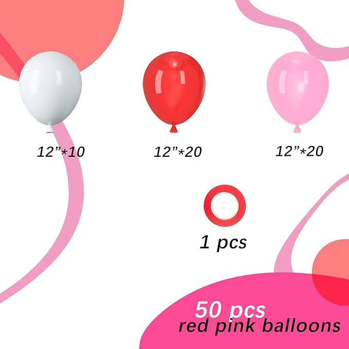 Red and Pink Latex Balloons, 50pcs 12 Inches Red White Pink Balloons with 1 Ribbon for Valentines, Wedding, Birthday Party Decorations