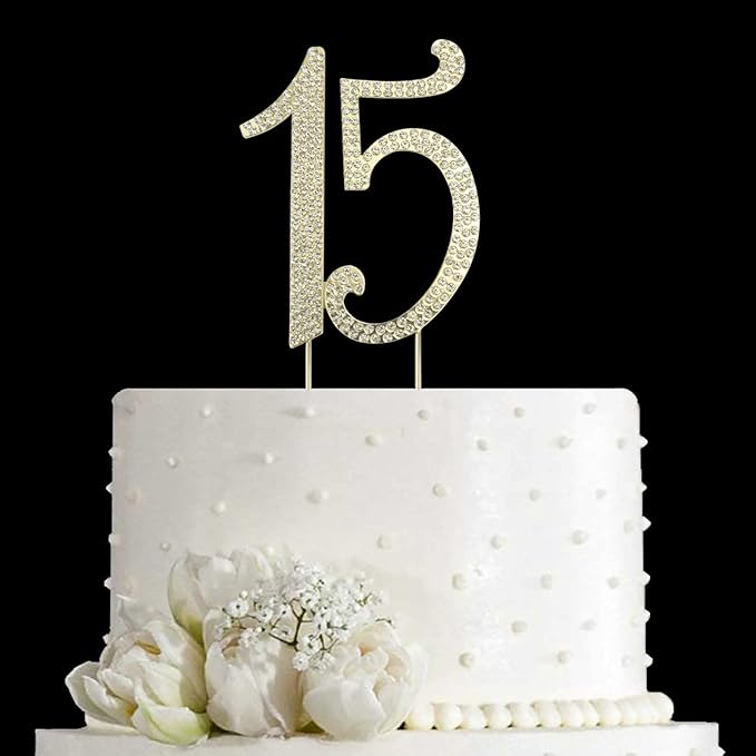 JANOU 15 Cake Topper Number 15 Crystal Rhinestones 15th Cake Decoration for Birthday Anniversary Party Decoratio (Gold)