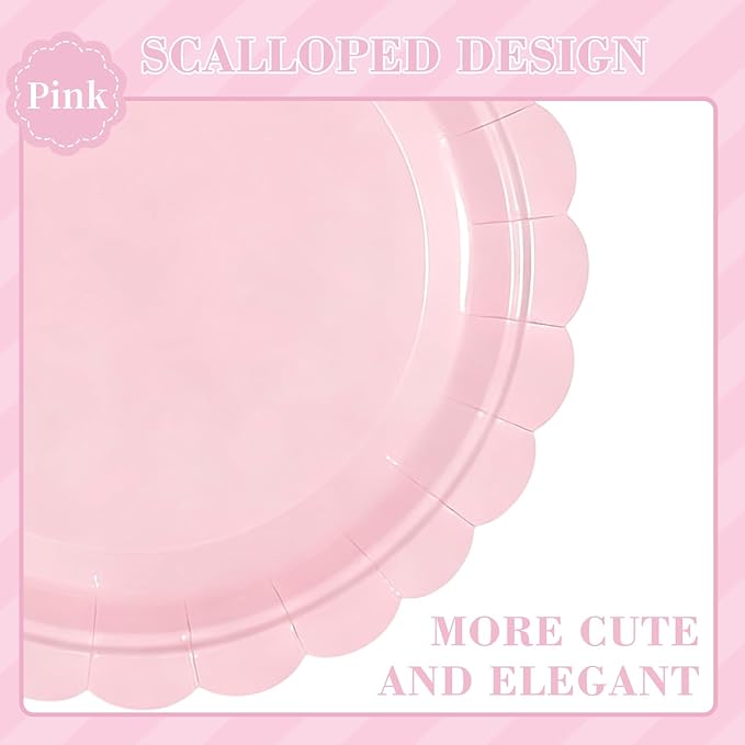 Oigco 50 Pcs Pink Plates and Napkins, Disposable Light Pink Scalloped Paper Plates & Napkins for Wedding Bridal Shower Birthday Baby Shower, Serves 25