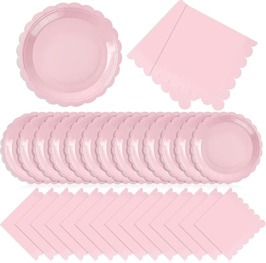 120 Pcs Pink Paper Plates and Napkins Party Supplies Bulk Disposable 7 Inch Scalloped Plates Cocktail Napkins for Wedding Bridal Baby Shower Birthday Decorations, Serve 60 Guests