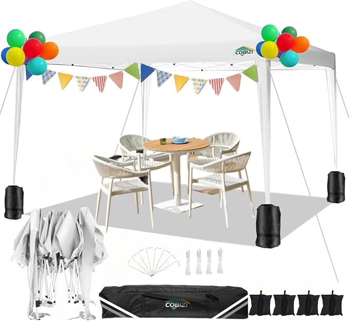 COBIZI 10x10 Ez Pop Up Canopy Tent, UPF 50+ Waterproof Outdoor Canopy, Instant Portable Camping Canopies Gazebo for Commercial Sun Shade Party Backyard with 4 Sandbags & Carry Bag(White)