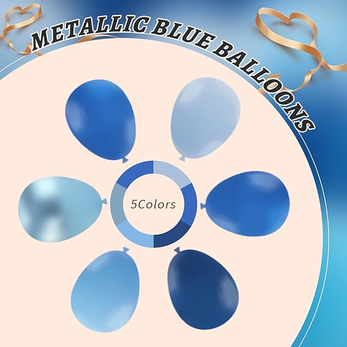 160Pcs 12 Inch Metallic Blue Balloons Chrome Navy Pearl Pastel Macaron Light Blue Latex Balloons for Birthday Wedding Baby Shower Graduation Party Decorations