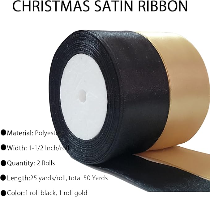 Gold Christmas Ribbon, Gold Black Satin Ribbon 1-1/2 Inch 50 Yards Fabric Ribbons for Christmas Party Decorations, Gift Wrapping, Tree Ornaments, Bouquets, Door Wreaths, Bows Making and DIY Crafts
