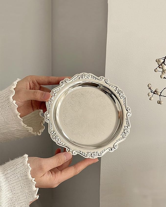 2PCS Coffee Table Tray 5.9in Round Decorative Tray Vintage Metal Dessert Plates for Snacks Fruit Silver