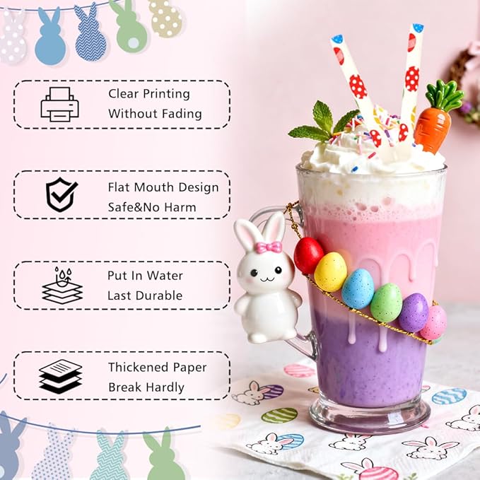 100 Pcs Hapyy Easter Paper Straws, Disposable Drinking Straws for Juices Coffee Easter Party Supplies Decorations Biodegradable Spring Birthday Party,Wedding Decorations Supplies