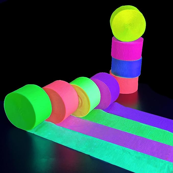 880feet Blacklight Party Streamer Decorations 8 Rolls Glow Crepe Paper UV Reactive Fluorescent Neon Paper Streamers Glow Party Supplies and Decorations for Wedding Birthday Neon Fiesta Party
