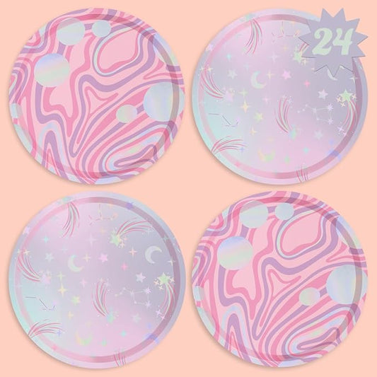 xo, Fetti Celestial Space Planet Paper Plates - 24 pk, 9" | Pastel Galaxy Alien Birthday Supplies, Girls Astronaut Party Decorations, Out of this World Baby Shower Favors