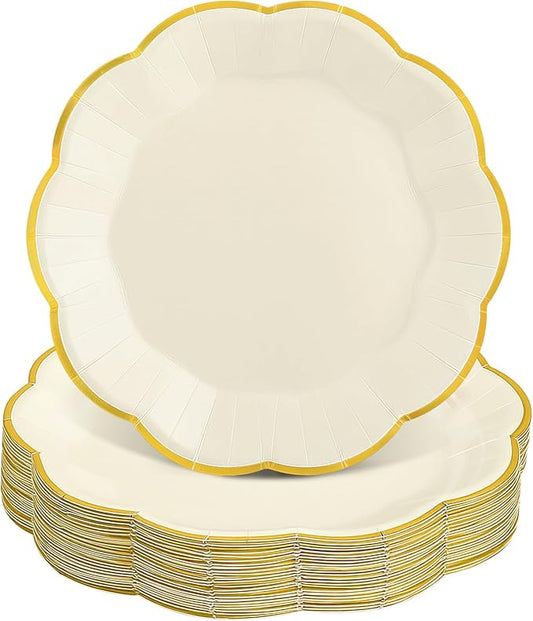 NatNarr 30 Pcs White and Gold Paper Plates, 7 Inch Cream Paper Plates Ivory Plate with Gold Trim Scalloped Wedding Plate for Baby Shower, Wedding, Birthday, Tea Party