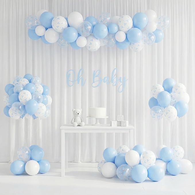HILAVO Blue Bow Balloons, 12 Inch Pastel Light Blue Transparent White Bow Print Coquette Balloon for Girls Birthday Bachelorette Party Bridal Baby Shower Wedding Anniversary Decorations Supplies