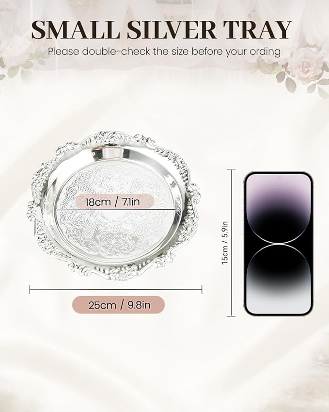 Silver Decorative Tray Set of 2, 10'' Round Vintage Metal Serving Tray, Medium Ornate Coffee Table Centerpiece, Vanity Tray for Perfume, Jewelry, Party Decor