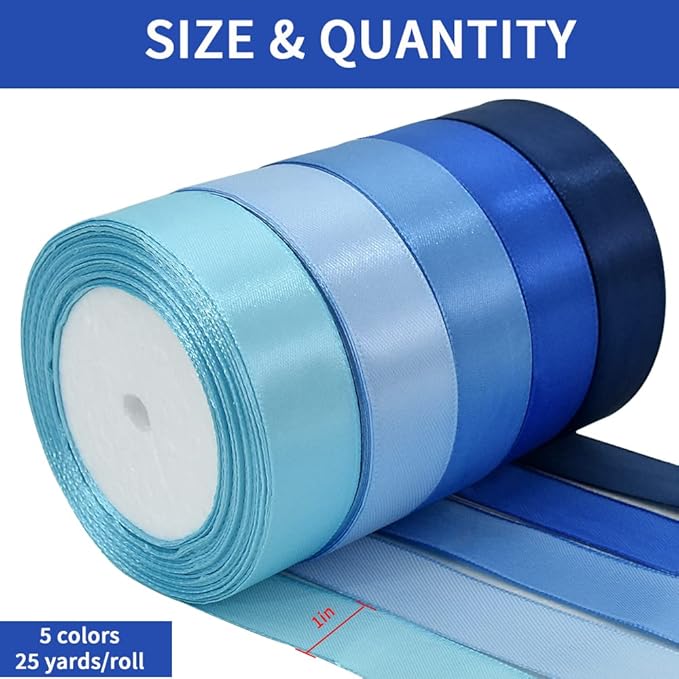 TONIFUL 1 Inch Blue Satin Ribbon Rolls, 5 Rolls 125 Yards Mixed Blue Color Ribbon Set for Gift Wrapping Embellish Wedding Birthday Baby Shower Bow Making Floral Craft Sewing Party Decor（25 Yd/Roll）