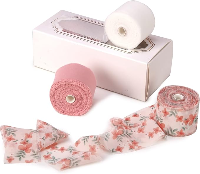 Handmade Fringe Floral Silk Chiffon Ribbons 1.5" x 7 Yards, 3 Rolls 21 Yards Pink Floral Ribbons Set for Wedding Invitations, Bridal Bouquets, Gifts Wrapping, DIY Crafts Decoration