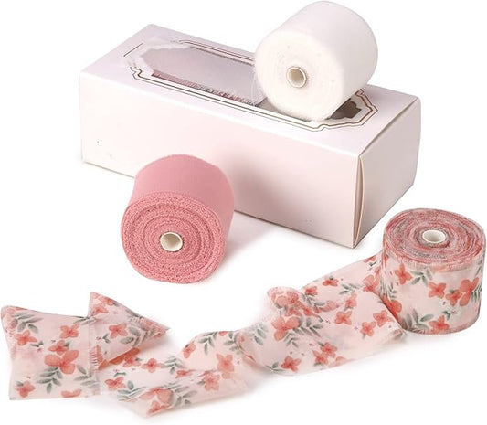 Handmade Fringe Floral Silk Chiffon Ribbons 1.5" x 7 Yards, 3 Rolls 21 Yards Pink Floral Ribbons Set for Wedding Invitations, Bridal Bouquets, Gifts Wrapping, DIY Crafts Decoration