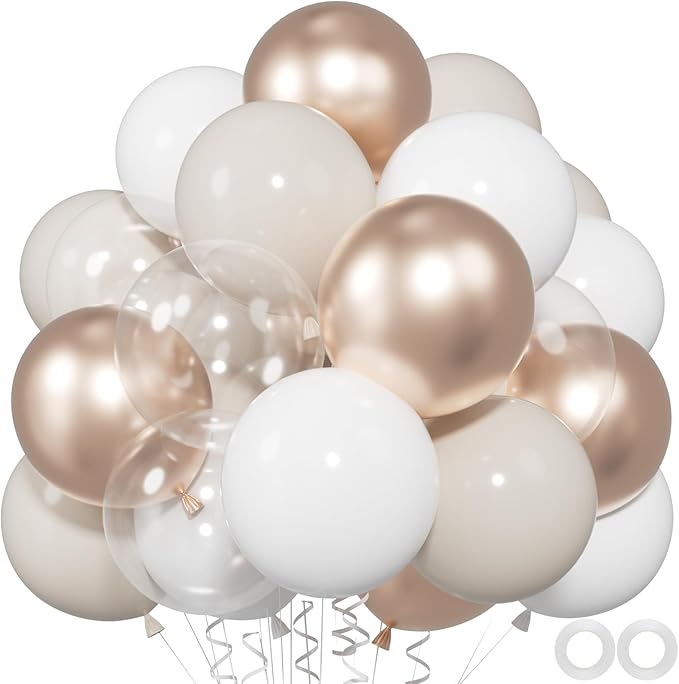 60pcs Sand White Gold Balloons - 12inch Metallic Champagne Gold Nude White & Clear Balloons for Weddings, Birthdays, Baby Showers