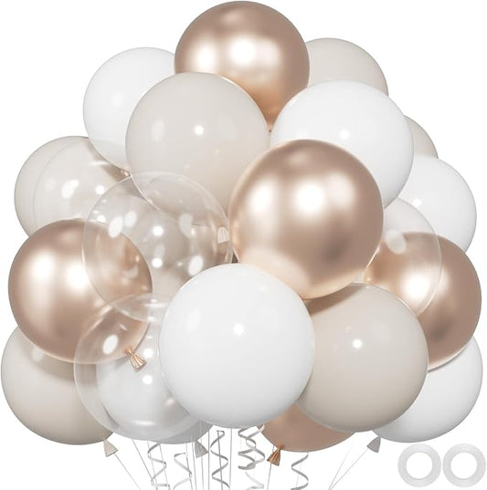 60pcs Sand White Gold Balloons - 12inch Metallic Champagne Gold Nude White & Clear Balloons for Weddings, Birthdays, Baby Showers