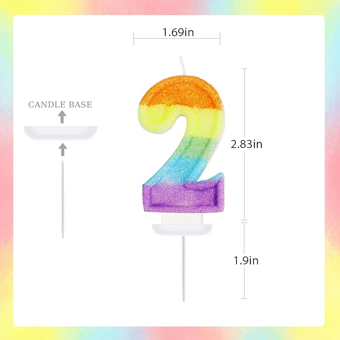 Rainbow Candles for Birthday Cakes, 2 Cake Topper, Rainbow Melon Birthday Party Decorations, Number 2 Candle for Girls Boys