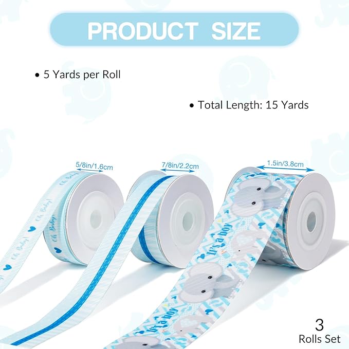 Baby Boy Ribbon 3 Rolls Grosgrain Ribbon Set 5/8", 7/8", 1.5" It's A Boy, Blue Striped Polka Dot Ribbons for Baby Shower, Gift Wrapping, Birthday Party, Diaper Cake Decorations, Hair Bows, Crafts