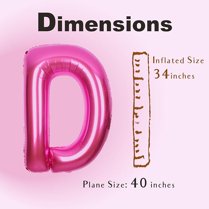 SUWEN 40 Inch Hot Pink Large D Letter Balloons Big Foil Helium Letter Balloons A-Z Jumbo Mylar Happy Birthday Party Decorations for Woman Anniversary Party Supplies
