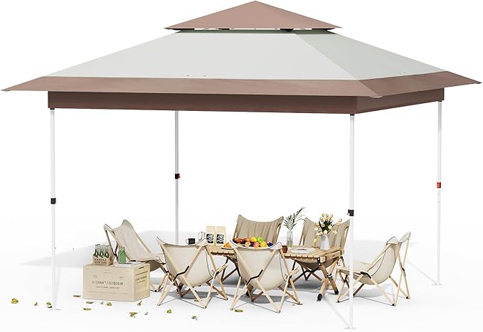 Arlopu Pop Up Canopy Tent with 1-Person Set up, Camping Instant Durable Shelter, Outdoor Gazebo Beach Shade with Wheeled Bag, 4 Sand Bags for Weight (Khaki, 12FTX12FT)