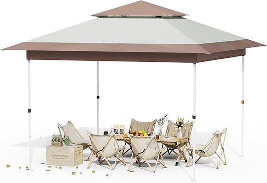 Arlopu Pop Up Canopy Tent with 1-Person Set up, Camping Instant Durable Shelter, Outdoor Gazebo Beach Shade with Wheeled Bag, 4 Sand Bags for Weight (Khaki, 12FTX12FT)