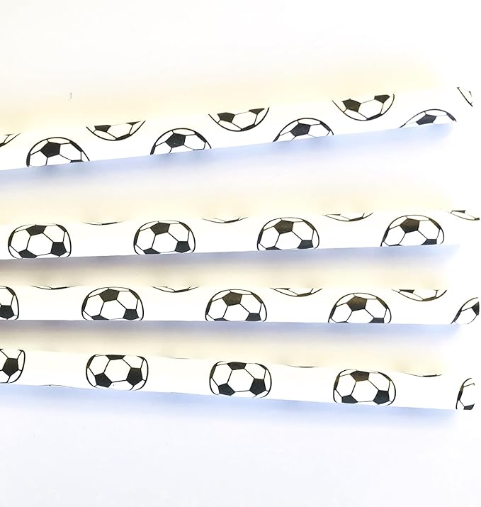 100 pcs Sports Party Paper Straws, Black White Soccer Football Bar Soda Juice Drinking Straws, Kids Teen Boy Birthday Baby Shower Game Day Restaurant World Cup Cake Pop Sticks (White With Soccer)