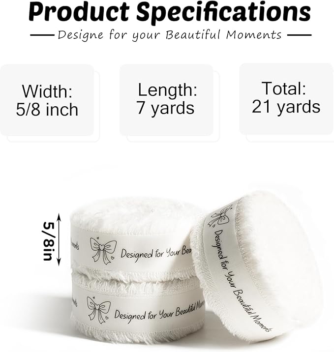 White Cotton Ribbon 5/8 Inch White 3 Rolls 21 Yards Frayed Edge Fabric Set for Wedding Invitations, Bridal Bouquet Wrap, Baby Shower, Christening & Gift Wrapping