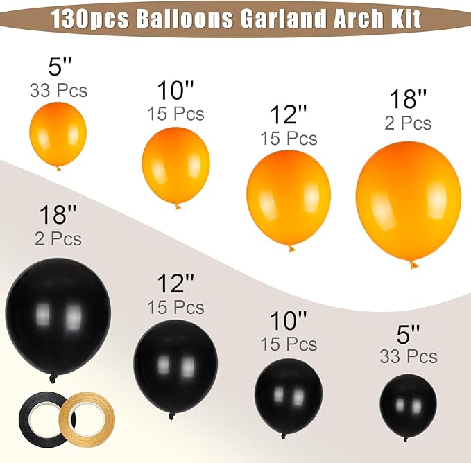 130pcs Black and Orange Balloons Garland Arch Kit, 18 12 10 5 Inch Different Sizes Pack Latex Balloon for Birthday Graduation Halloween Party Decoration
