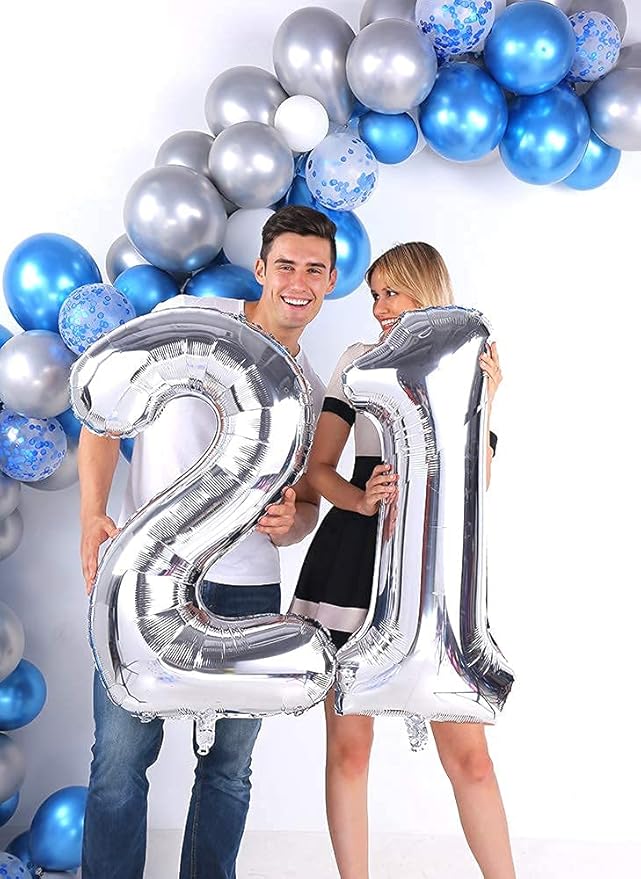 Silver 21 Number Balloons Big Giant Jumbo Large Number 21 Foil Mylar Balloons for Girl Women Men 21st Birthday Party Supplies 21 Anniversary Events Decorations-40 inch