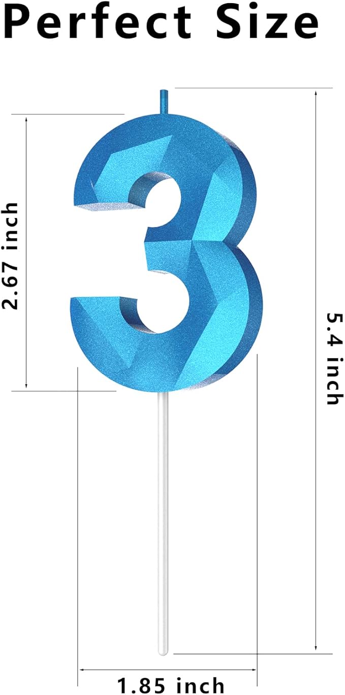 Number Birthday Candles(3 Candle Blue) 3D Diamond Shape Number Happy Birthday Cake Candles for Birthday Party Wedding Decoration Reunions Theme Party