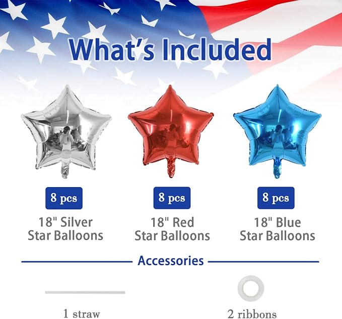 TONIFUL 24Pcs 18 Inch Red Blue Silver Star Balloons 4th of July Patriotic Star Shape Foil Balloon for Patriotic Party Supplies Independence Day Labor Day Birthday Party Decoration