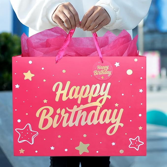 ZGORENDZ 14'' Large Gift Bag Gold Foil Happy Birthday Party Bag with Tissue Paper, Card, Envelope, Gift Tag for Birthday