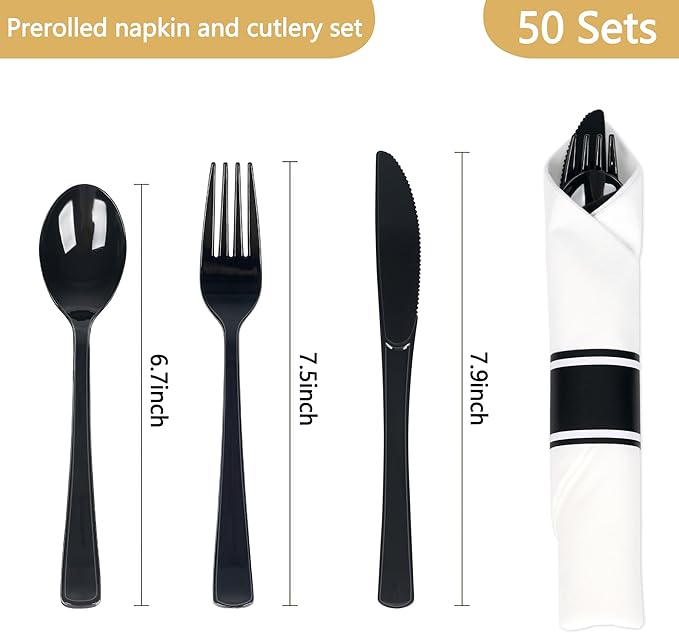 50 Pack Pre Rolled Black Plastic Silverware Set,Wrapped Plastic Cutlery Set with Napkin Include 50 Forks,50 Spoons,50 Knives and 50 White Napkins for Party,Wedding,Christmas